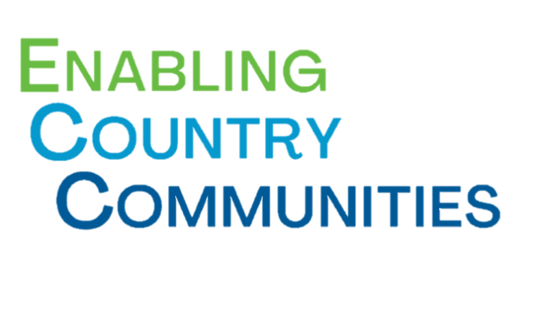 The business name is written in all caps, Enabling in light green, Country in light blue and Communities in dark blue.